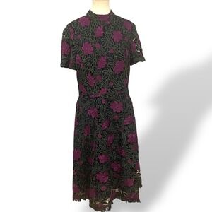 Tahari Fairy Goth Garden Dress Black Purple Floral Lace Mock Neck Fit Flare
